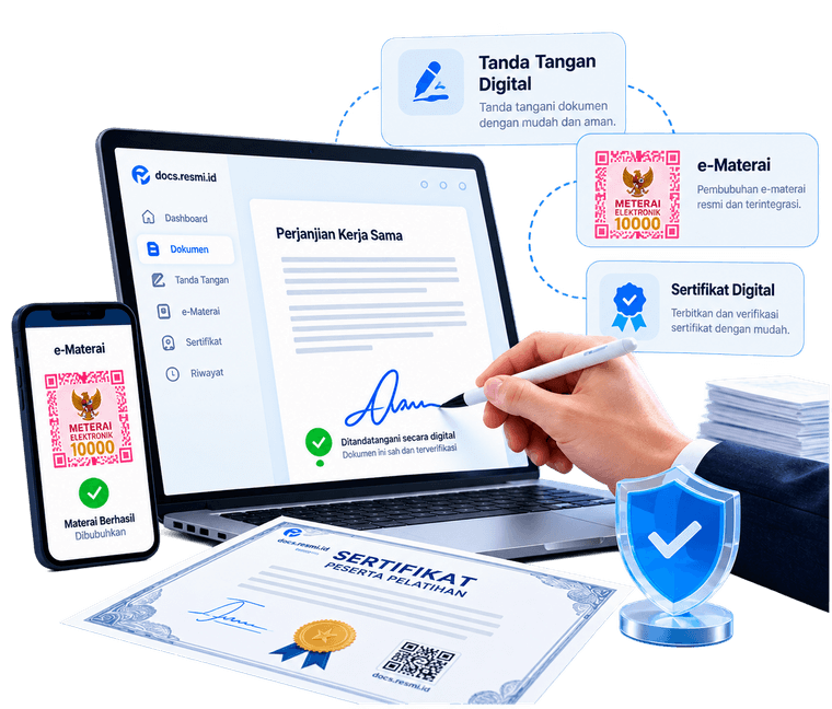 Adegan docs.resmi.id: editor dokumen di laptop yang sedang ditandatangani, ponsel e-Meterai di sampingnya, dan sertifikat digital ber-QR di atas meja.